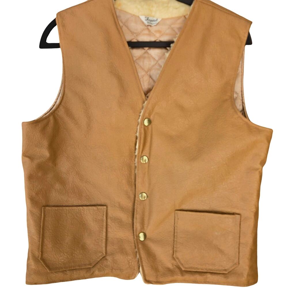 Finger Hut Vintage Mens Faux Leather Vest Snap Front Pockets 40 l/xl Tan dadcore